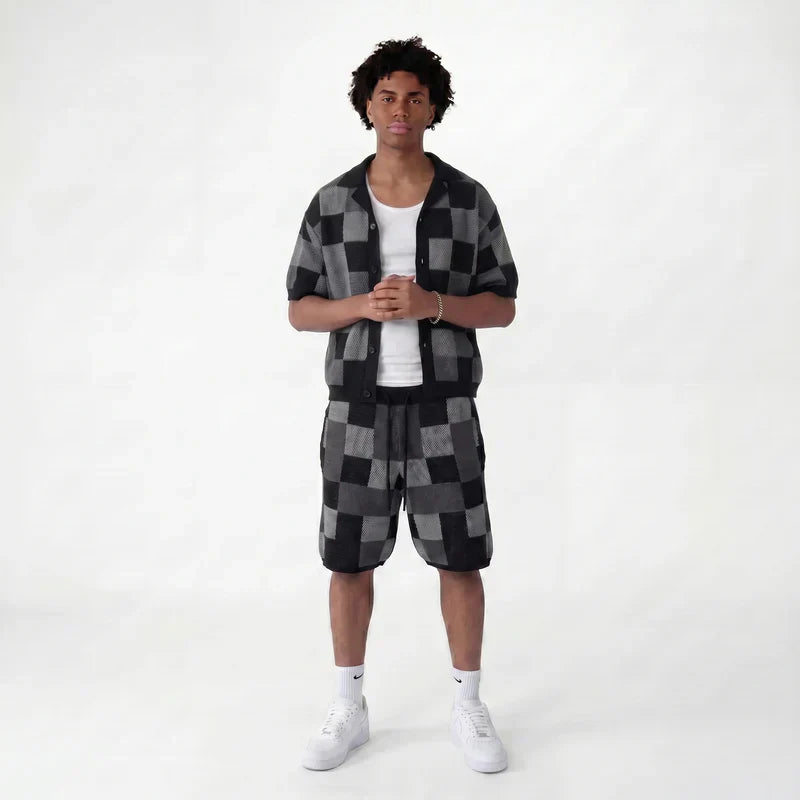 Checkerboard jacquard shirt & shorts set